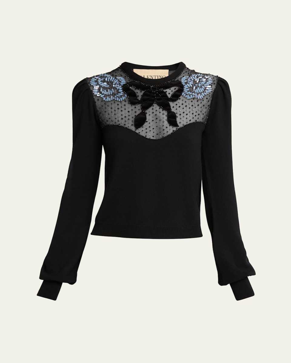 Beaded Floral Sheer Bust Wool Sweat